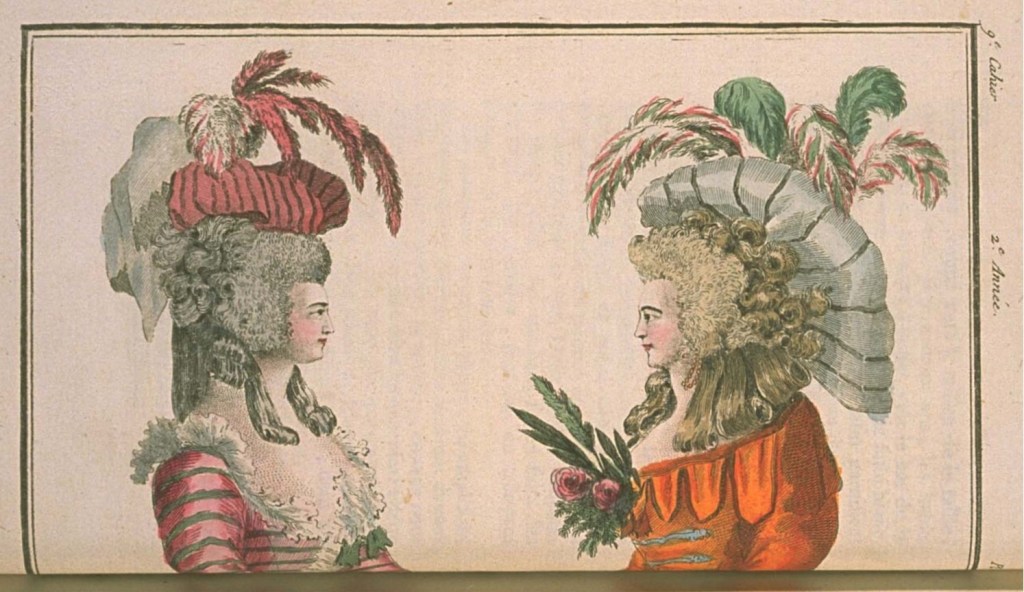 Print showing two women looking at each other in profile. The one on the left wears pink and green stripes, while the one on the right is in a reddish orange. They both have elaborate hairstyles and headdresses with feathers.