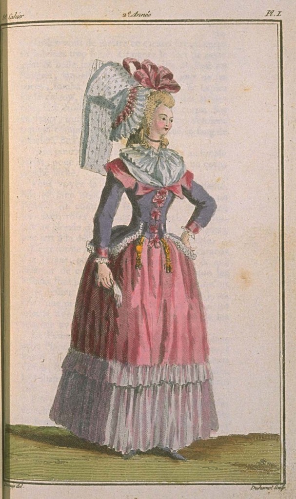 A fashion plate of a woman in a purple jacket with pink trim, a pink petticoat, and a large cap.